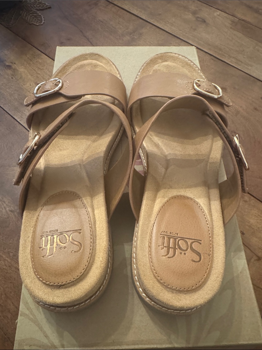Sofft Tan Leather Buckle Slide Sandals